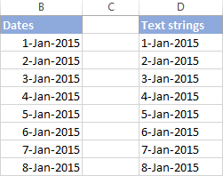 The converted text strings look identical to the original dates.