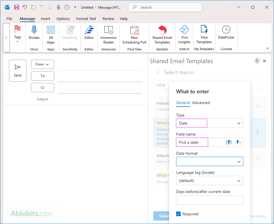 Add a date picker to a shared Outlook email template.