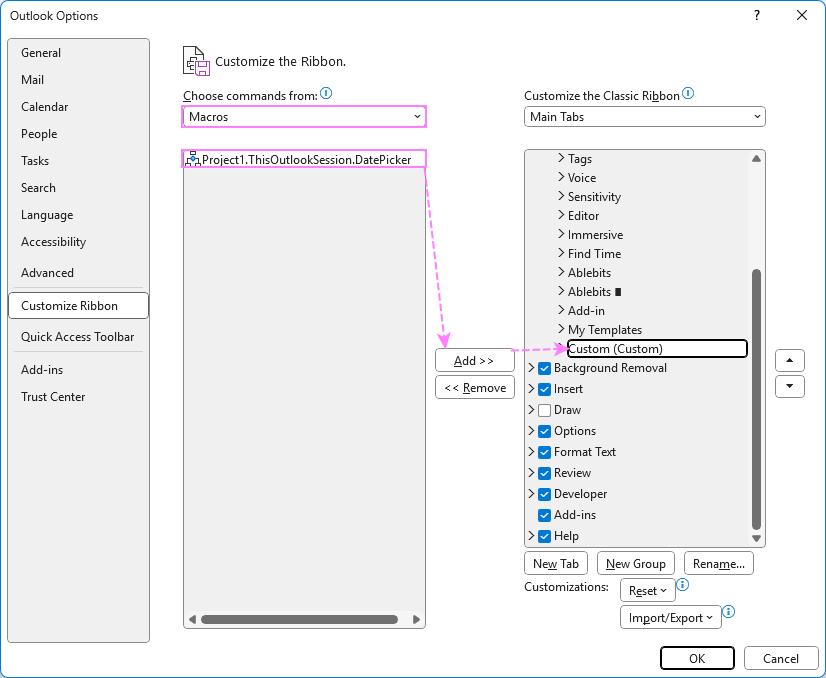 Add the Date Picker button to the Outlook email ribbon.