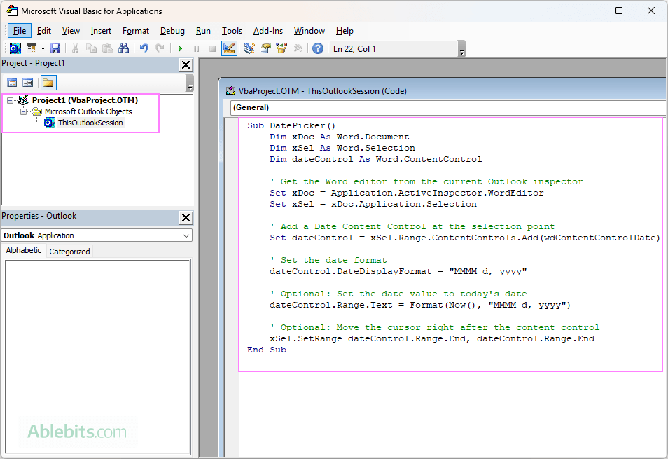 Add the Date Picker VBA code to Outlook.