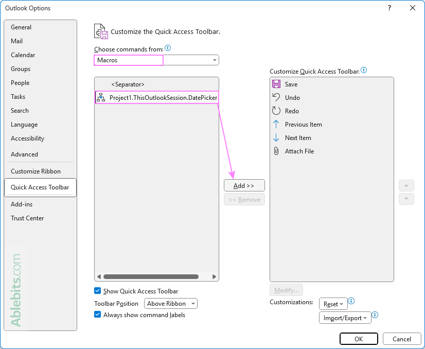Add the Date Picker button to the Outlook Quick Access Toolbar.