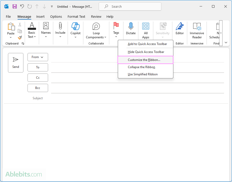 Go to customize the Outlook ribbon.