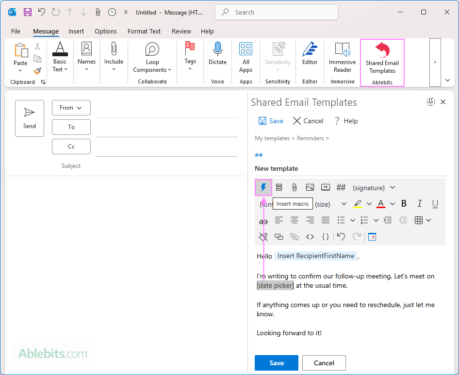 Choose where to place the date picker in Outlook email template.