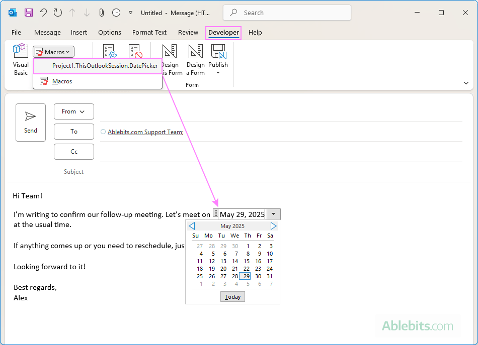 Run the Date Picker macro in Outlook.