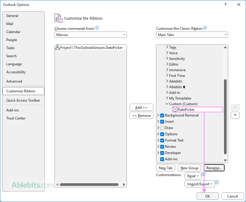 Save a custom Date Picker button in the Outlook ribbon.