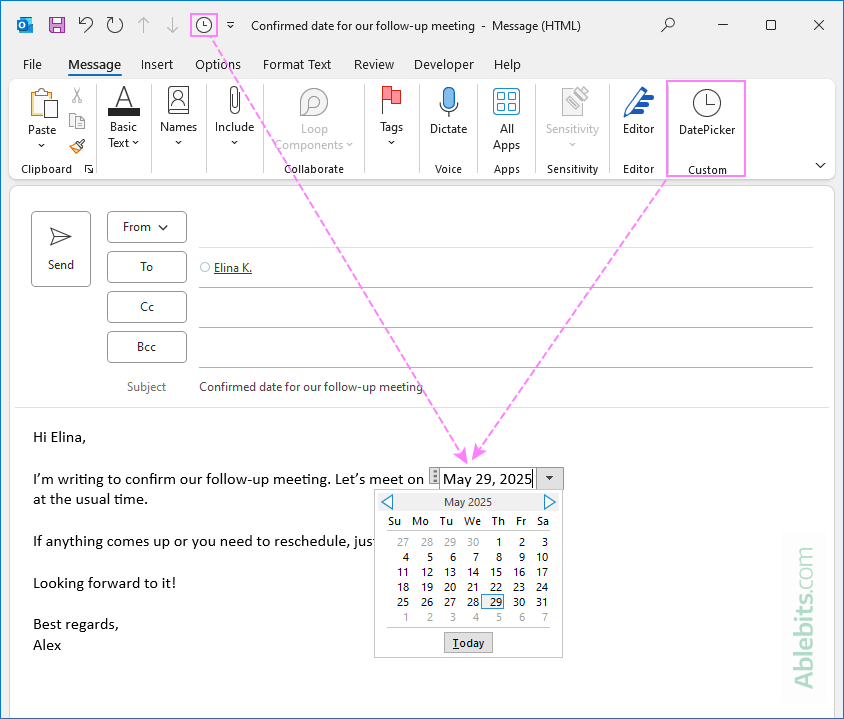 A date picker is inserted into an Outlook email.