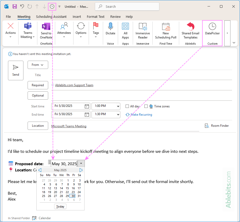 A date picker is added to an Outlook meeting.