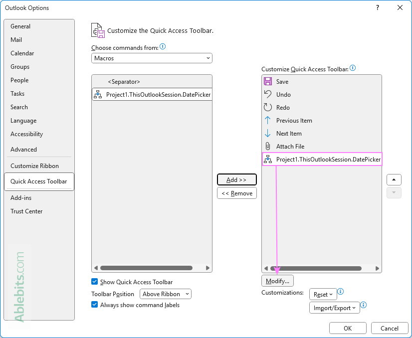 Customize the Date Picker button in the QAT.
