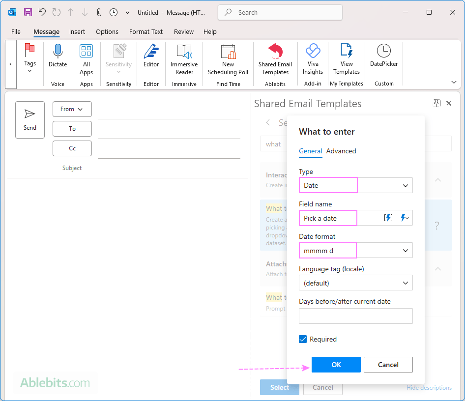 Save a shared Outlook email template with a date picker.