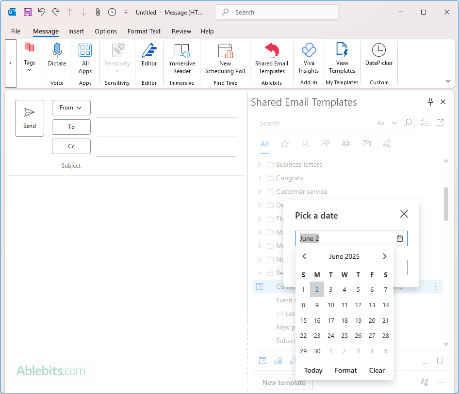 Select a date from a pop-up calendar to automatically insert into an email.