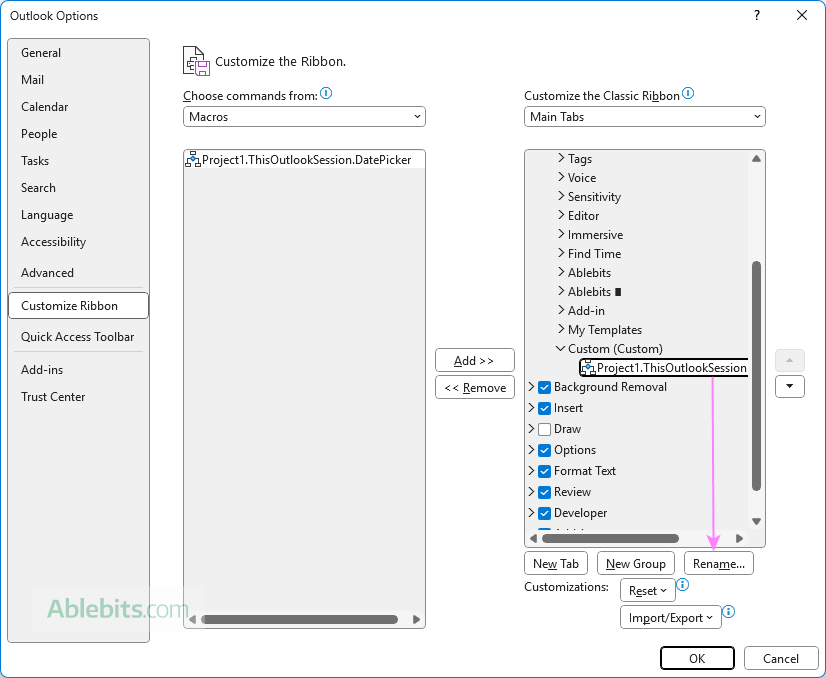 Give a user-friendly name to the DatePicker button in the Outlook ribbon.