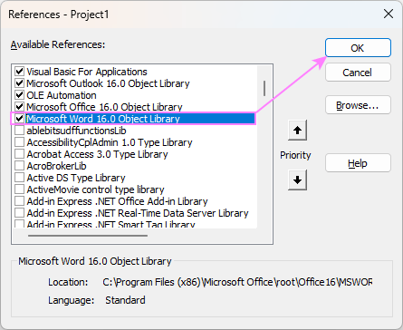Enable Microsoft Word 16.0 Object Library.