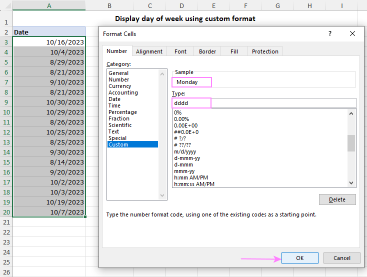 Custom date format for day of week