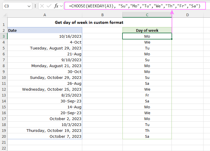 CHOOSE formula to show the day names in a custom format.