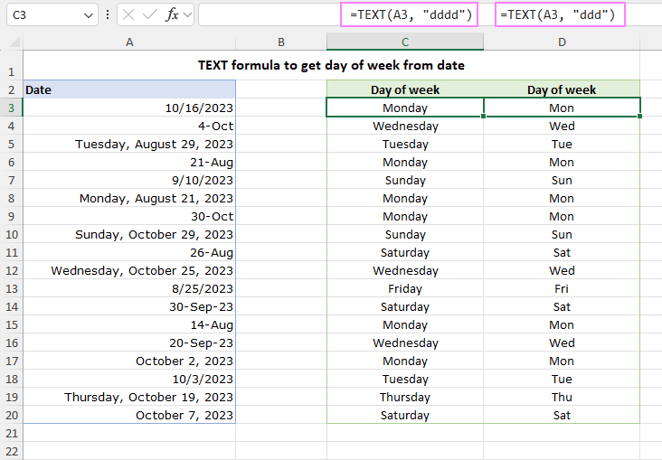 TEXT formula to get the day of the week in Excel