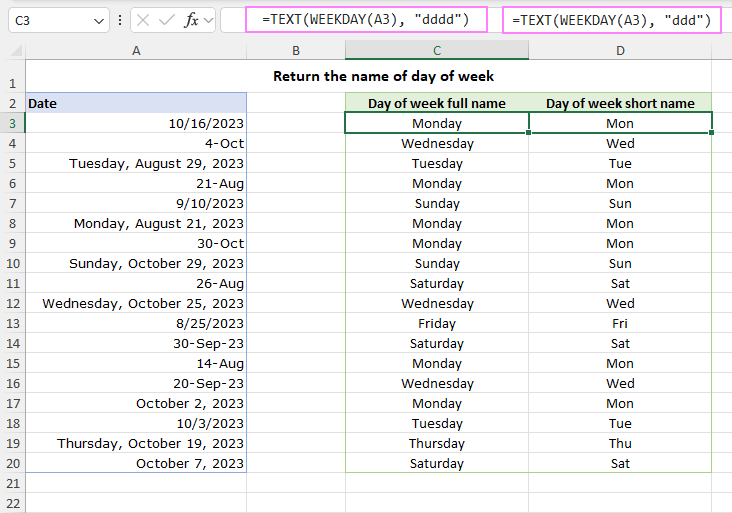 Excel formula to get the name of the day