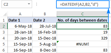 DATEDIF formula to calculate the number of days between two dates in Excel