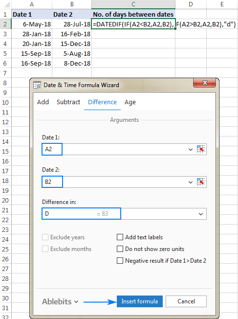 Build a formula to calculate days between two dates in Excel.