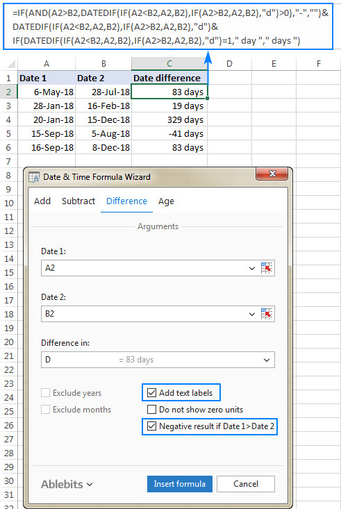 Show the date difference with text labels