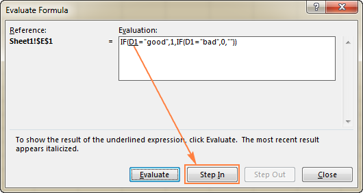 Click the <b>Step In</b> button to evaluate another formula that the underlined part refers to.