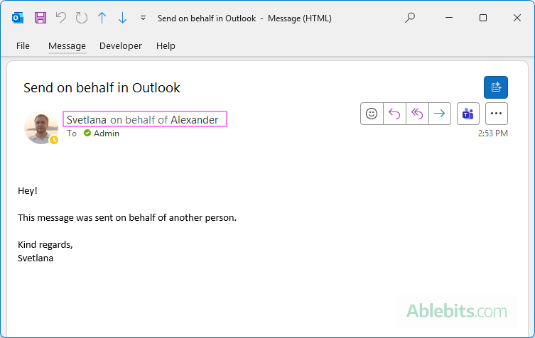 How Outlook's send on behalf email looks to the recipient.