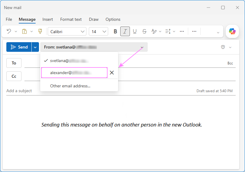 Send an email on behalf of another person in the new Outlook.