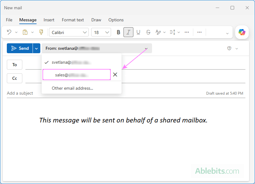 Send an email on behalf of a shared mailbox in Outlook.