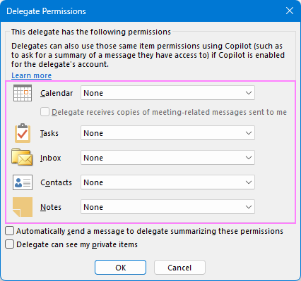 Set the delegate access permissions.