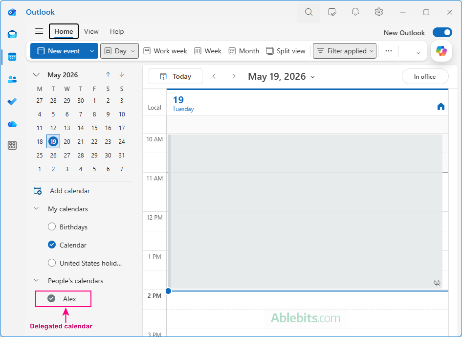 Access the delegated calendar in the new Outlook.
