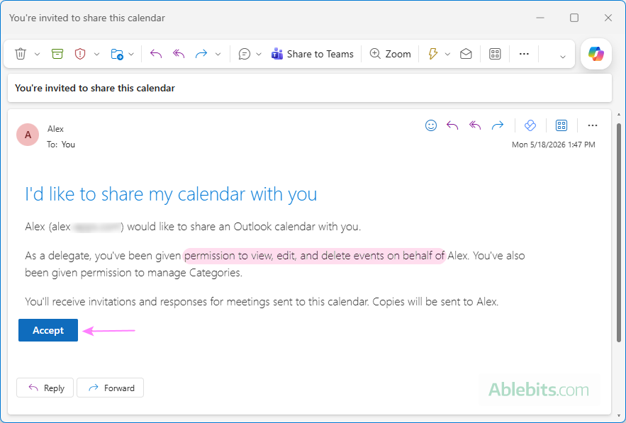 Accept the invitation to add the delegated calendar to your Outlook.