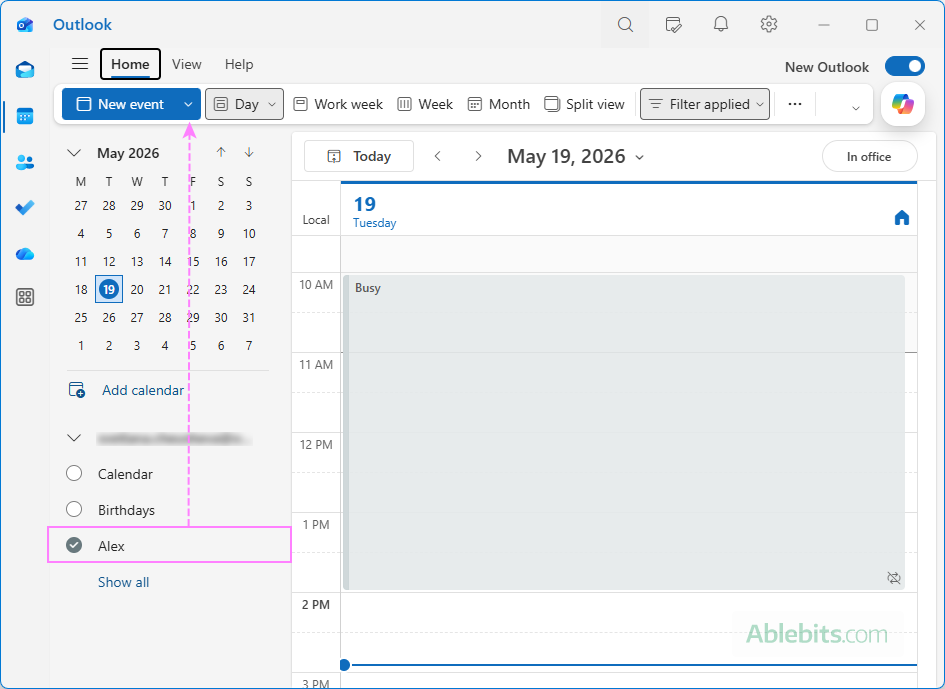 Create a new event in a delegated Outlook calendar.