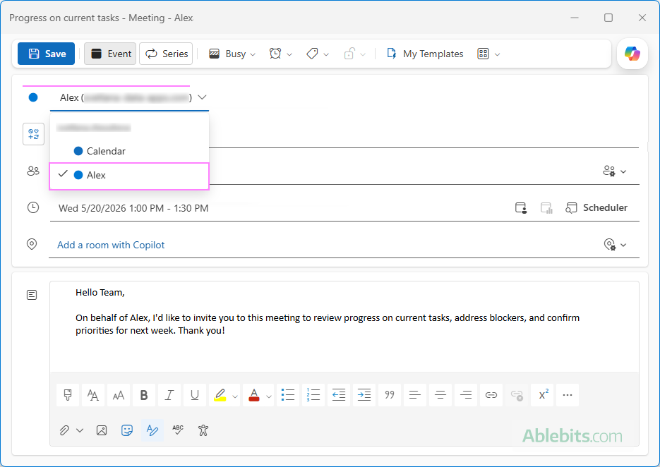 Create a meeting on behalf of someone in Outlook.