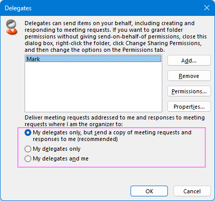 Choose the meeting request delivery options for Outlook delegates.
