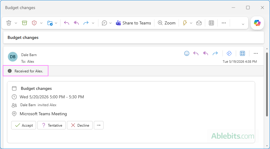 Meeting request received by a delegate in Outlook.