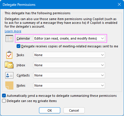 Assign the delegate permissions settings for your Outlook calendar.