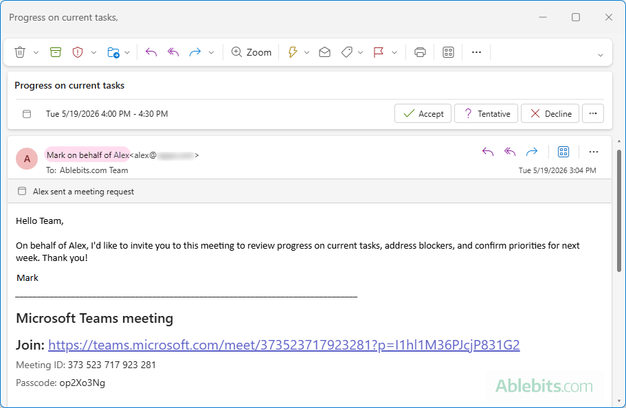 An invitation for an Outlook meeting scheduled on behalf of another person.