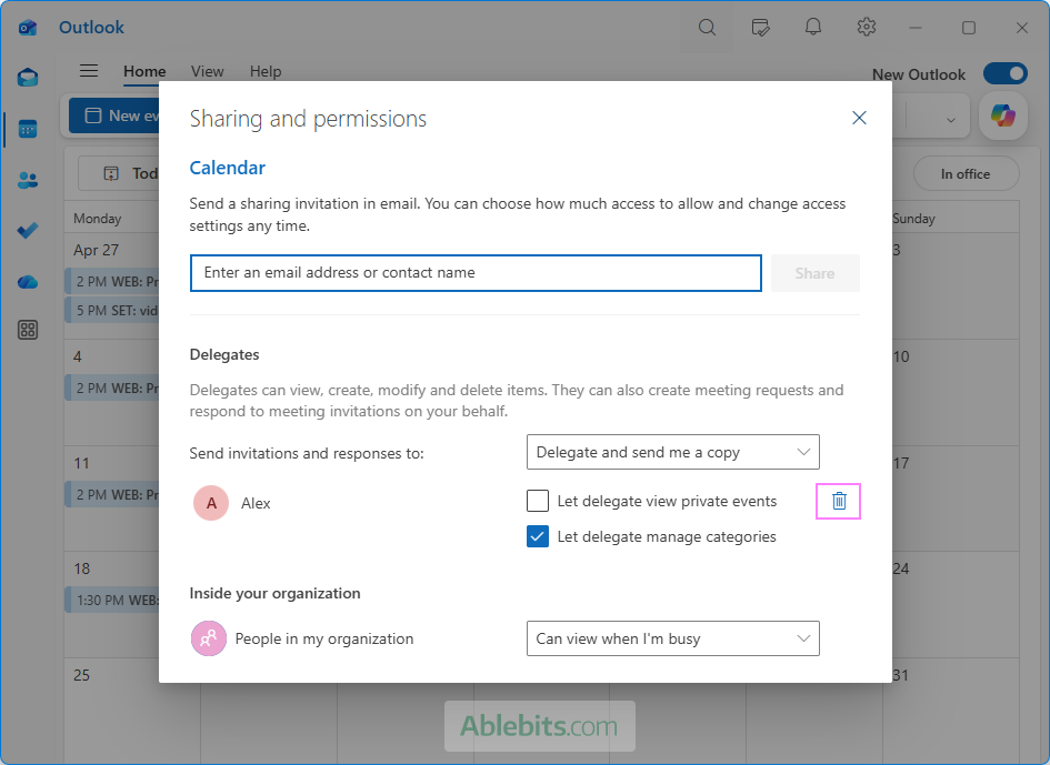 Remove delegate access from the new Outlook calendar.