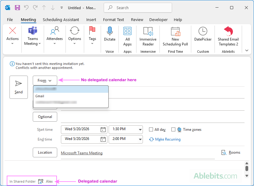 Schedule a meeting on behalf of someone in classic Outlook.