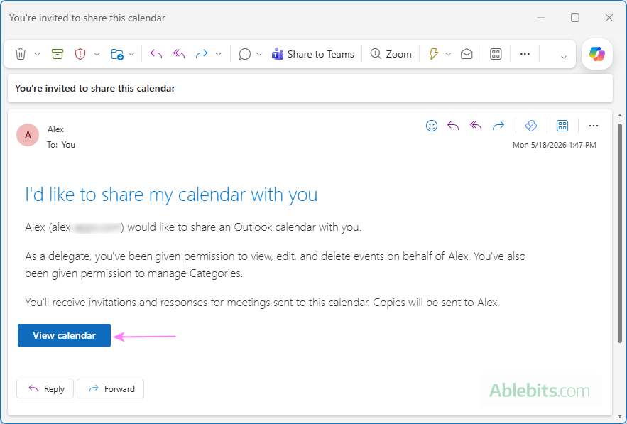 View the delegated calendar in Outlook.
