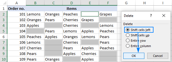 excel shift cells up if blank