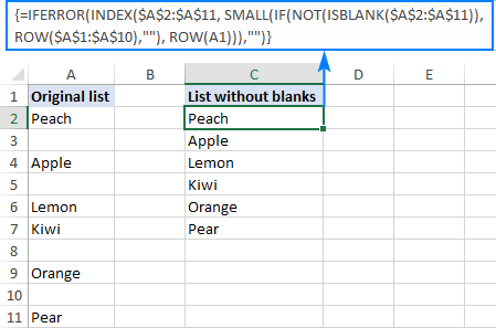 Extract a list of data in Excel excluding blank cells