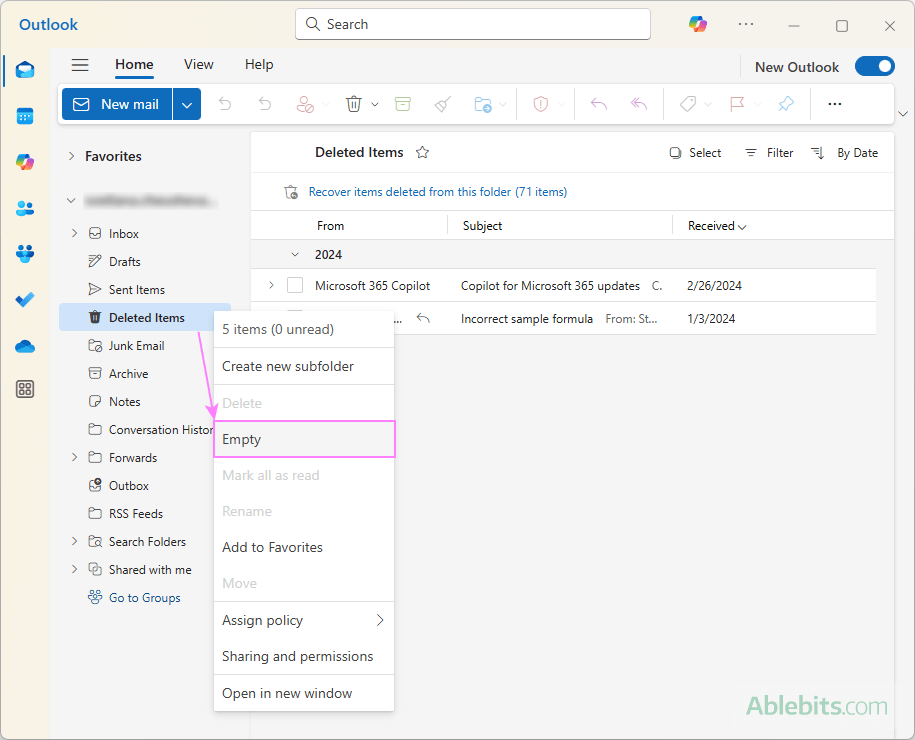Empty Outlook's Deleted Items folder.