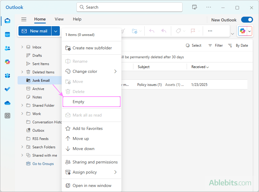 Permanently delete junk emails in Outlook.