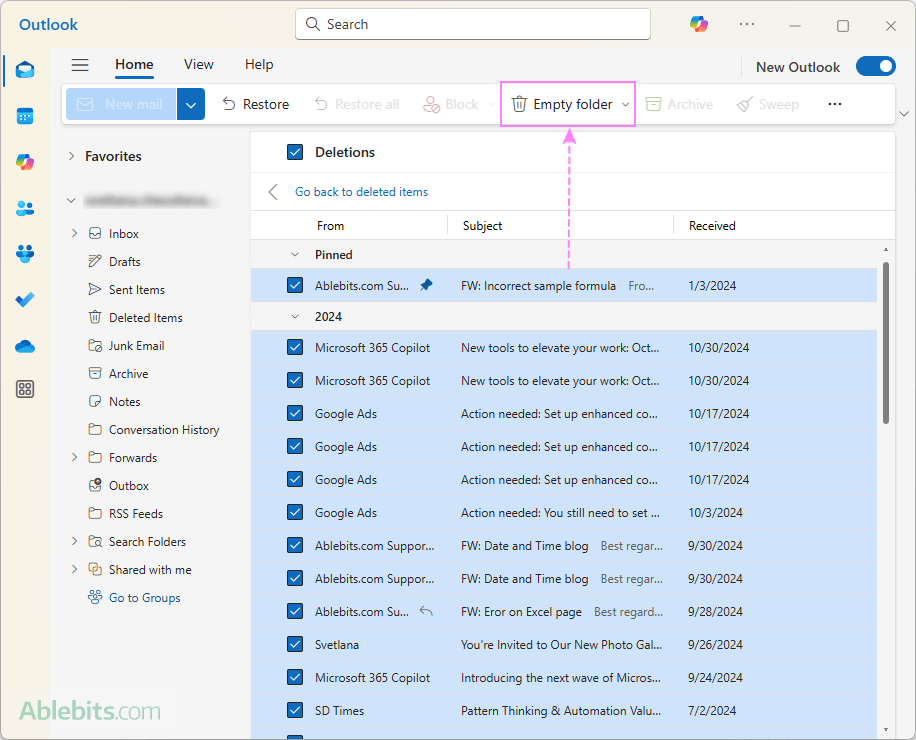 Permanently delete emails in Outlook.