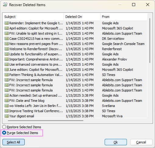 Purge deleted emails in Outlook.