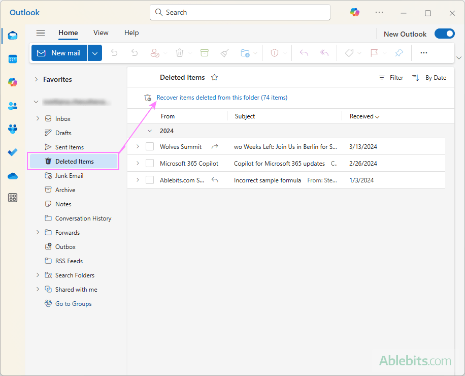 Access the Recoverable Items folder in Outlook.