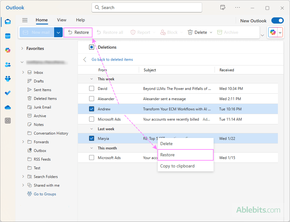 Restore permanently deleted messages in the new Outlook.