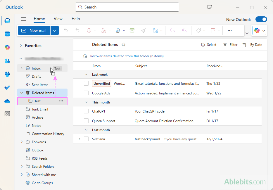 Find and restore a deleted Outlook folder.