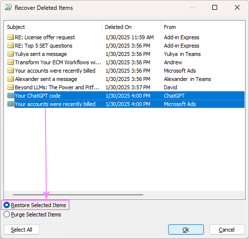 Restore messages from the Recoverable Items folder.