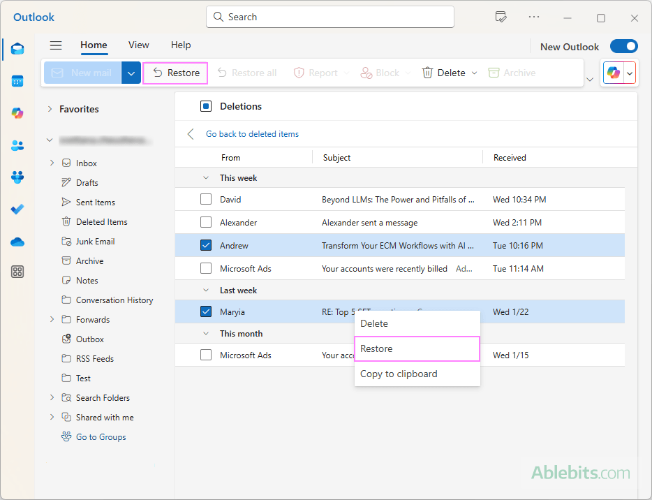 Recover permanently deleted emails in the new Outlook.